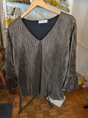Jon & Anna Shimmery Bronze Pleated V-Neck Blouse